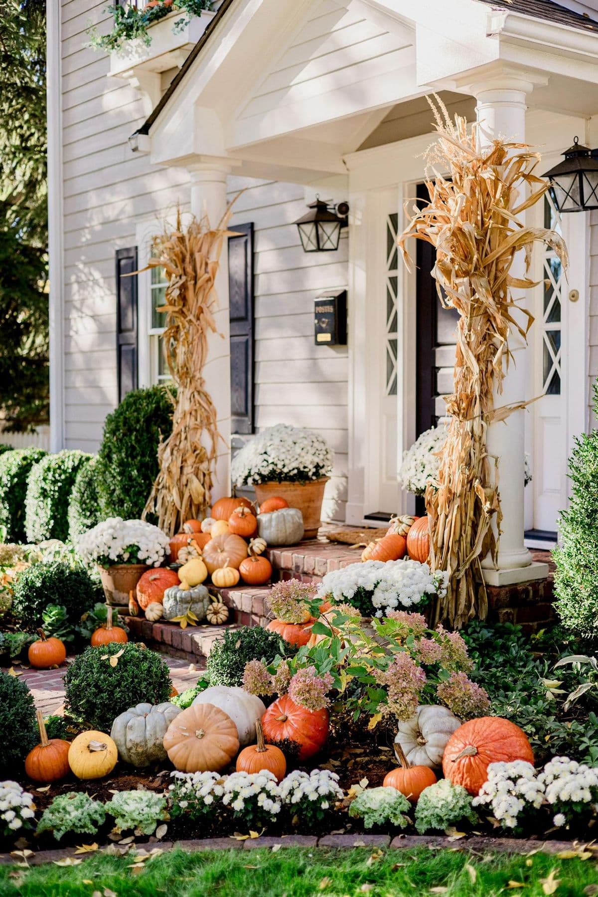 Expansive porch installation featuring abundant pumpkins and seasonal foliage.