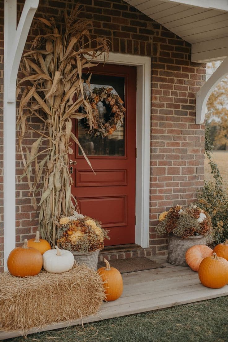 Cozy front stoop styled with petite pumpkins, mums, and lanterns.